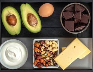 Healthy keto food avocado, egg, nuts, cheese, yogurt, chocolate
