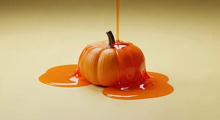 Small pumpkin covered in dripping caramel sauce on a plain background