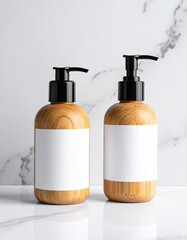 Two wood bottles with black pumps, white labels