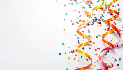 Colorful Confetti and Party Streamers on White Background with Copy Space