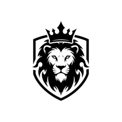Lion Head with Crown on Shield, Black and White Vector