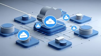 Abstract digital cloud computing network with interconnected nodes and data storage solutions - Powered by Adobe