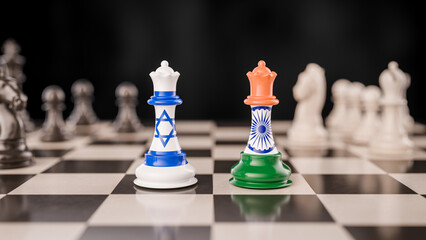 Geopolitical Strategy Concept: Israel and India Represented as Opposing Queens via Their Flags on a Chessboard