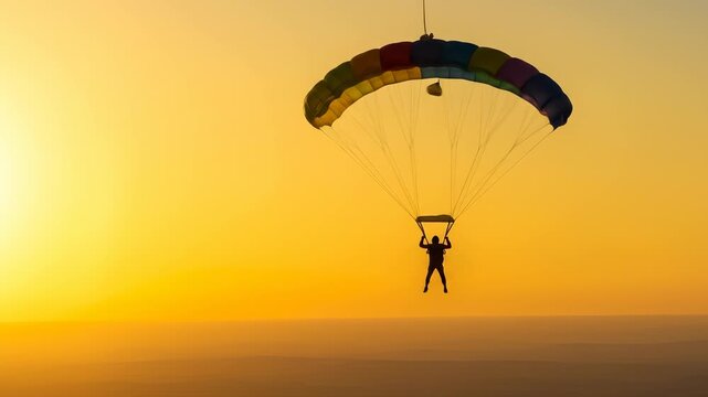 Silhouette of a skydiver under parachute at sunset, skydiving extreme sport