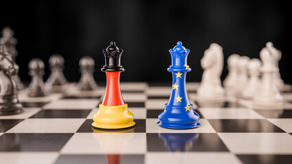 Geopolitical Strategy Concept: Germany and the European Union Represented as Opposing Queens via Their Flags on a Chessboard