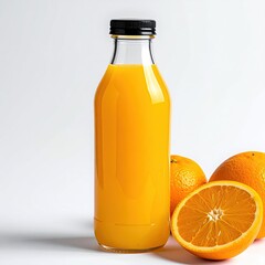 Orange juice in glass bottle, with oranges. Isolated