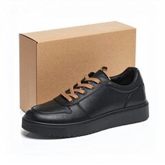 Black leather shoe, brown laces, box background, isolated