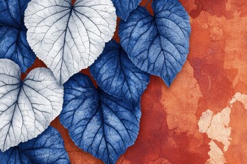 Fototapeta premium Vibrant, detailed leaves of deep blue and off-white shades, arranged against a textured, terracotta-colored background.