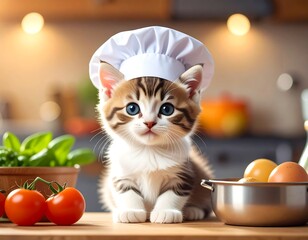 Cute kitten chef in a kitchen