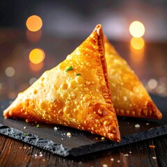 Golden samosas, crispy triangles on dark plate