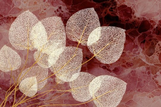 Delicate, translucent leaves in warm burgundy tones, intricately detailed, and presented against a rich marbled backdrop.