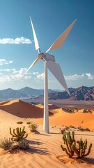 Wind turbine in desert landscape, blue sky and hills