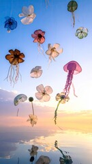 Floral jellyfish hang from sky, mirrored in water