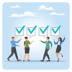 Team agreement concept. Four Professionals Celebrate a Team agreement With Big Blue Check marks.