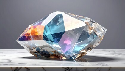 Faceted gem reflects colors on marble surface