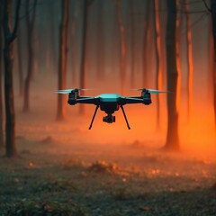 Drone flying misty autumn forest.