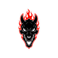 Fiery Devil Skull Illustration with Sharp Teeth and Horns