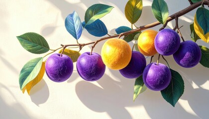 Plums and leaves on a branch against a white wall