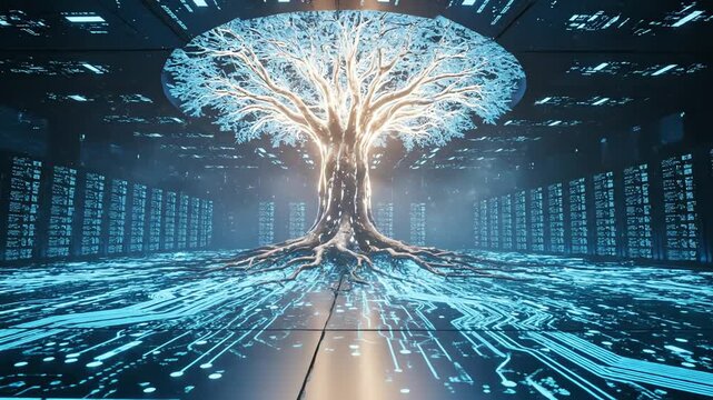 A glowing digital tree symbolizes growth and connectivity in a futuristic data center with servers, depicted with cinematic lighting and blue tones, suggesting innovation and technological