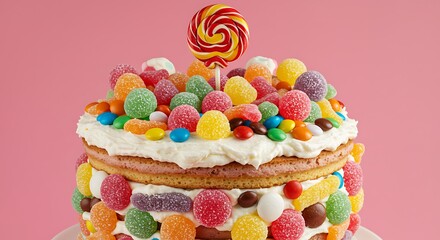 Festive cake decorated with colorful candies against a pink background