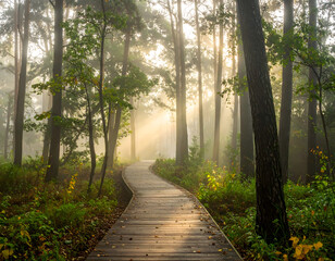 Fototapeta premium Misty Morning: Wooden Boardwalk Path Through a Peaceful Forest with Sunbeams