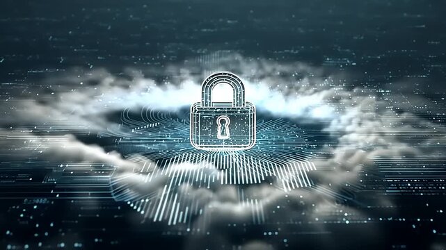 Digital lock symbolizing cybersecurity amidst a cloud of data, representing protection and technology - Powered by Adobe