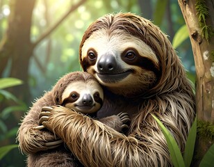 Sloths cuddling in jungle