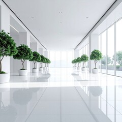 Bright hall, potted trees line clean, white tiled floor