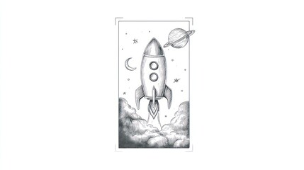 Obraz premium Pencil sketch of a rocket launching into space through clouds, moon, stars, planet