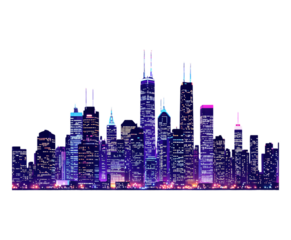 Purple Neon Skyscraper Silhouette with Transparent Background, Futuristic Cityscape Illustration