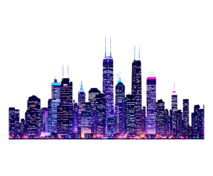 Purple Neon Skyscraper Silhouette with Transparent Background, Futuristic Cityscape Illustration - Powered by Adobe
