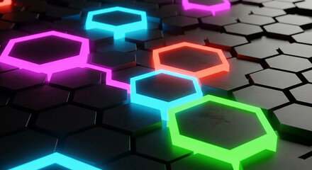 Abstract glowing neon hexagons on a dark textured surface