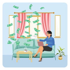 E-commerce business concept. Business Woman Works From Home As Money Rain Falls On Couch.