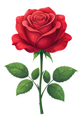 Red Rose Bloom with Green Leaves on Transparent Background, 3D Realism Cutout Asset