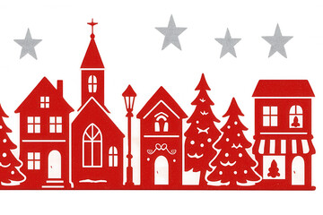 Fototapeta premium Christmas village banner with red glitter houses, churches, pine trees, and silver stars, transparent background