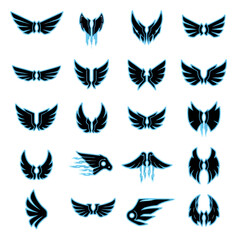 Collection of stylized black wings with light blue outlines