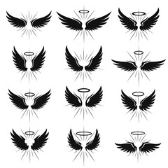 Angel Wings and Halo Vector Set in Black Silhouette