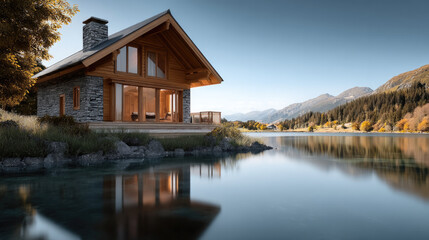 Fototapeta premium Beautiful log cabin with stone chimney beside calm lake, surrounded by mountains and forest, peaceful autumn landscape, clear sky reflection