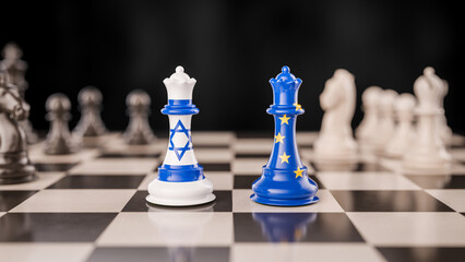 Geopolitical Strategy Concept: Israel and the European Union Represented as Opposing Queens via Their Flags on a Chessboard