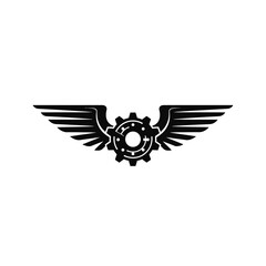Winged Gear Symbol: Black Mechanical Element with Wings