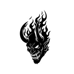 Black Silhouette of a Fiery Devil Head with Sharp Teeth and Horns