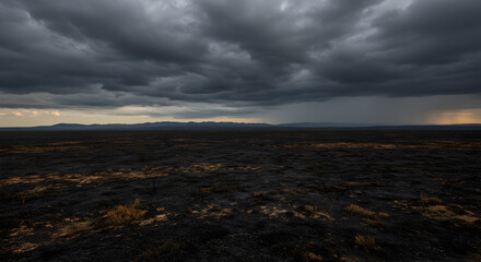 Dramatic stormy sky over a vast, dark, barren landscape. Heavy rain clouds loom above desolate plains and distant hills, hinting at environmental c...
