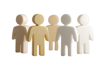 Five stylized figures, varying shades of light beige and off-white, stand side-by-side