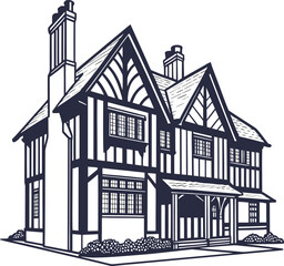 Illustration of a tudor style house, showcasing its architectural details, including gables, timber framing, and chimney stacks