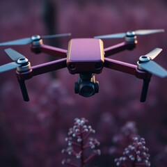 Drone flying over purple flowers.
