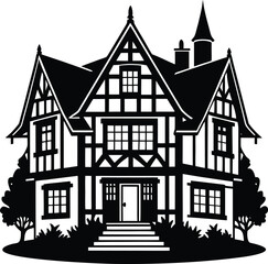 Black and white illustration of a tudor style house, showcasing the architectural details and charm of a traditional english home