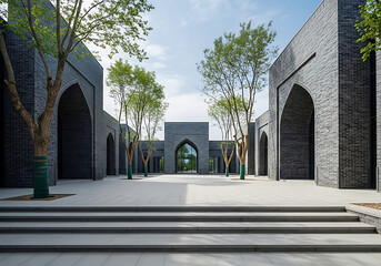 Fototapeta premium Modern Islamic Architecture Courtyard with Arches and Trees