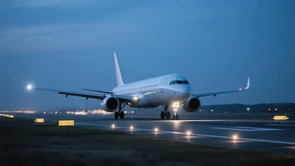 Obraz premium At night, the plane is landing on the runway, with lights interweaving with the night, showing a dynamic moment of air transportation.
