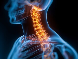 Detailed 3D Rendering of Human Neck and Shoulder Anatomy Highlighting Spinal Structure and Muscular Features
