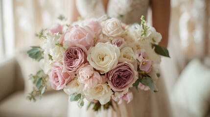 Obraz premium Elegant wedding bouquet with blush and ivory roses creating a romantic and timeless impression for bridal celebrations and floral arrangements perfect for love and commitment